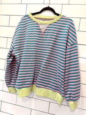 Striped Crewneck Sweatshirt in Teal, Pink & Lime